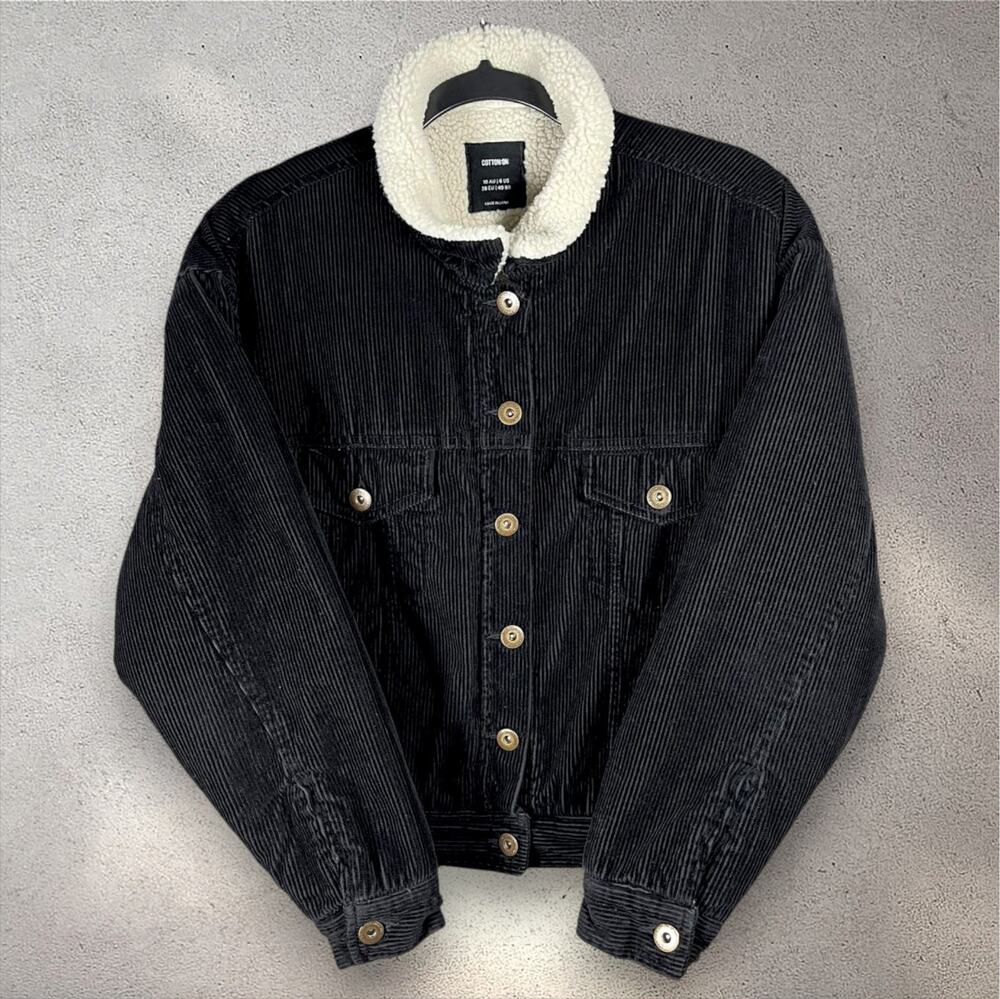 Cotton On Sherpa Lined Corduroy Jacket Size 6 Black Button Front Outerwear